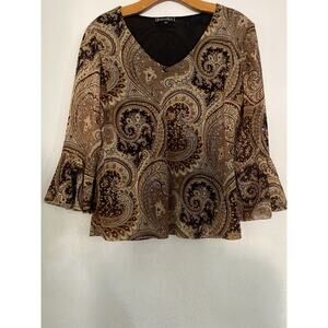 Jessica Max USA Top Tunic Women XL Brown Paisley Mesh Bell Sleeve Boho Hippie